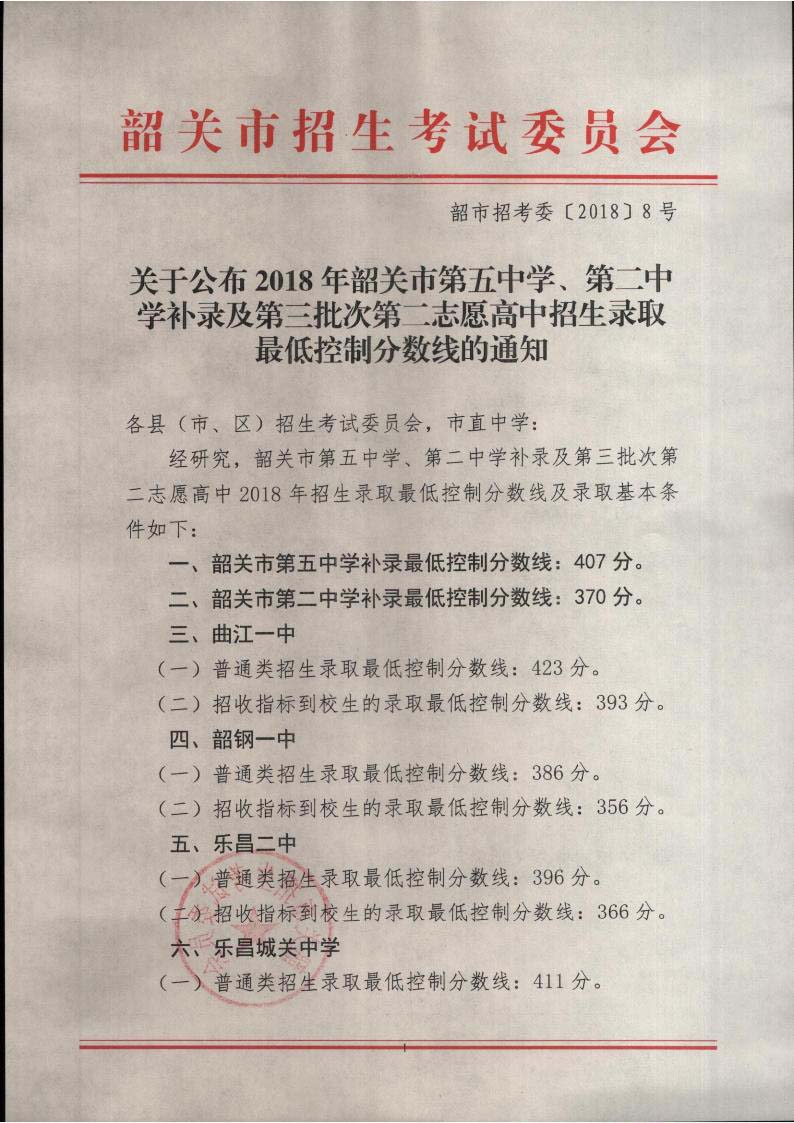 关于公布2018年韶关市第五中学、第二中学补