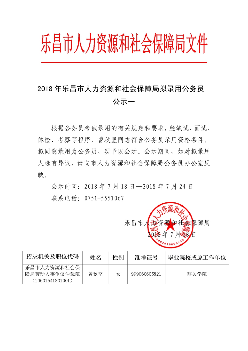 2018年乐昌市人力资源和社会保障局拟录用公